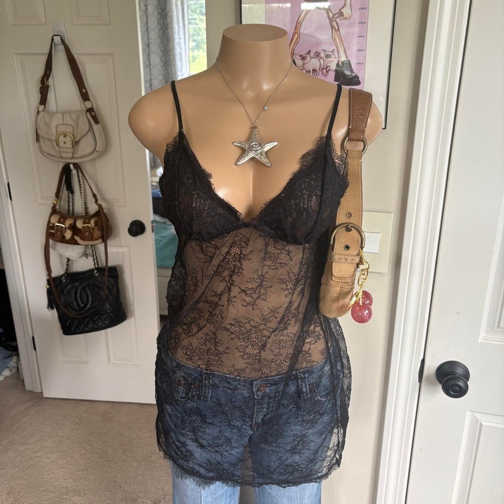 y2k 2000s Victoria's Secret black sheer lace slip babydoll lingerie top